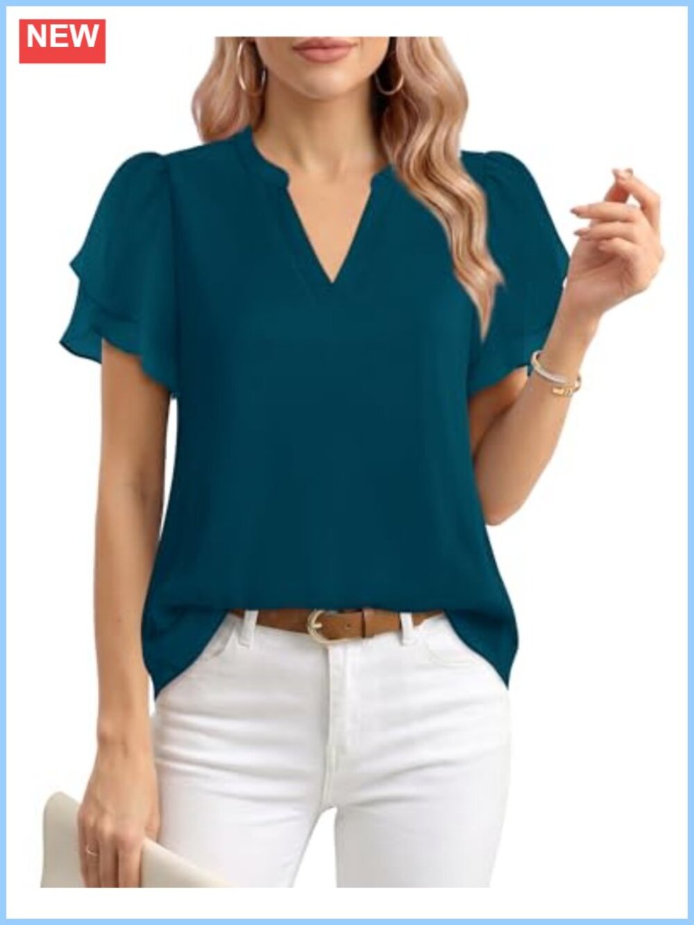 Womens Chiffon Blouse Petal Short Sleeve V Neck Dressy Summer Work Top